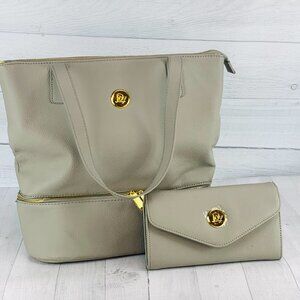 Joy Mangano DOVE GRAY Pebbled Double Decker Tote Handbag Purse & Match Wallet